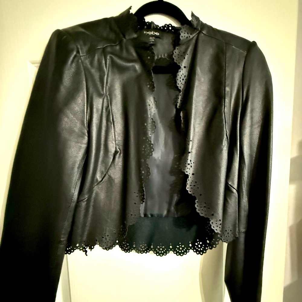 Bebe black leather jacket with scalloped detail